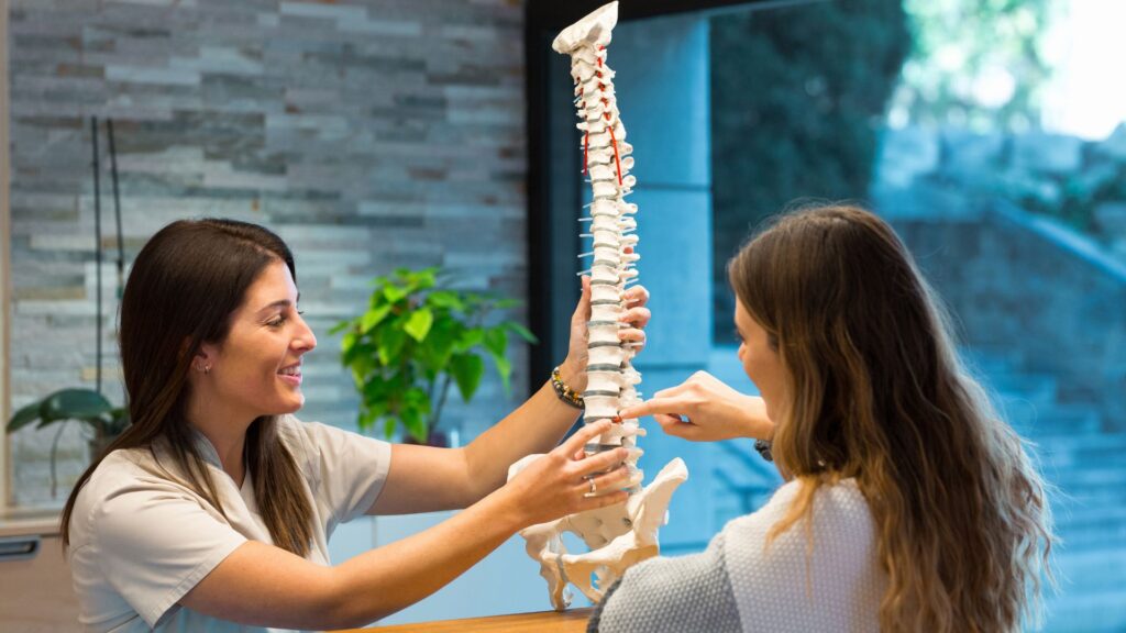 Two women examining a spinal cord model.