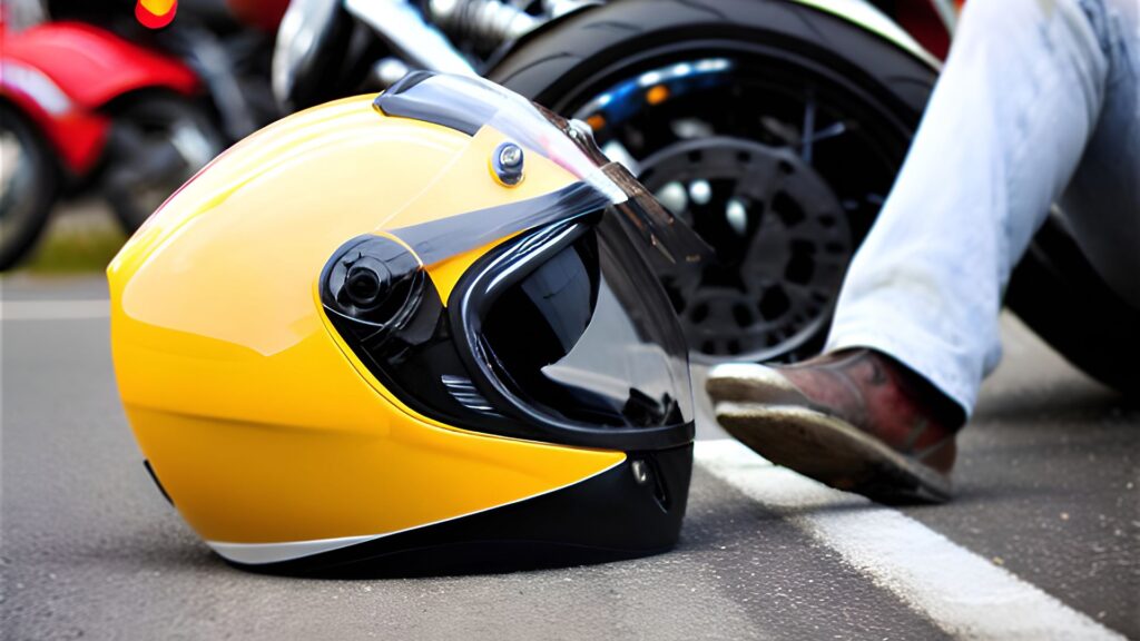 Yellow motorcycle helmet on the road next to a rider's foot.